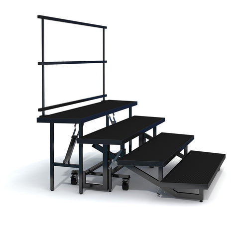 4-TIER WEDGED FOLDING CHORAL RISERS W GUARDRAIL- INDUSTRIAL FINISH